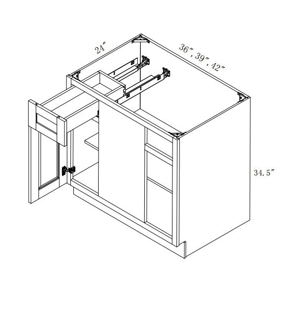 BLB39/42: Oak Shaker Base Blind Comer 39"W*24"D*34-1/2"H-1D-1DRA-1S