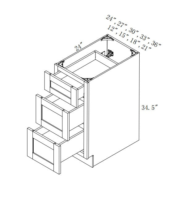 DB36-3: Oak Shaker 36"  3 Drawers   Standard Base Cabinet