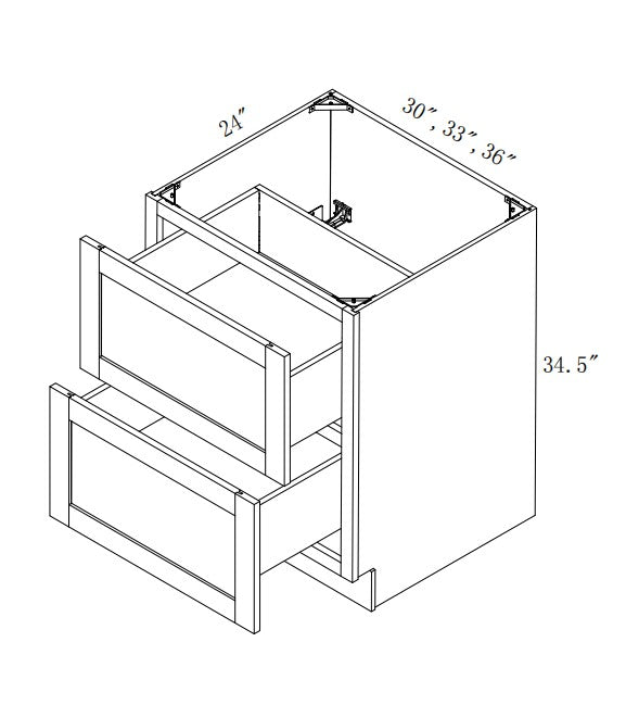 DB36-2: Oak Shaker 36"  2 Drawers   Standard Base Cabinet