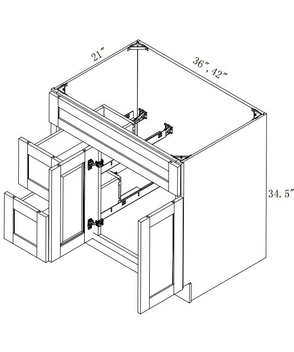 VSD36L: Oak Shaker Vanity Sink Drawer Left 36"W*21"D*34-1/2"H-2D-2DRA 1 Header