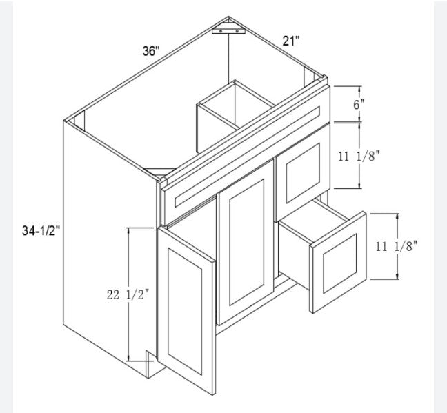 VSD36R: Vanity Sink Drawer Right 36"W*21"D*34-1/2"H-2D-2DRA 1 Header