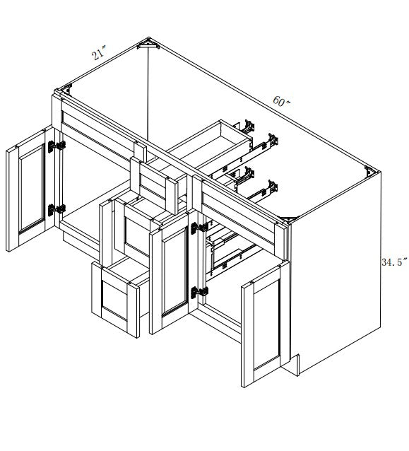 VSD60DD: Oak Shaker Vanity Side Drawer Base Cabinet Double Basin 60"W*34-1/2"H*21"D - 4D-3DRA