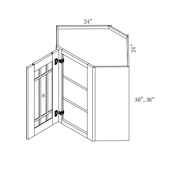 WDC2436/GD: Oak Shaker Wall Diagonal Cabinet 24"W*36"H*24"D-1D-3S/Glass Door