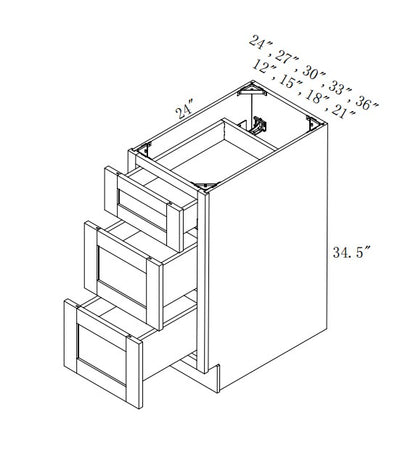 DB24-3: Oak Shaker 24"  3 Drawers   Standard Base Cabinet