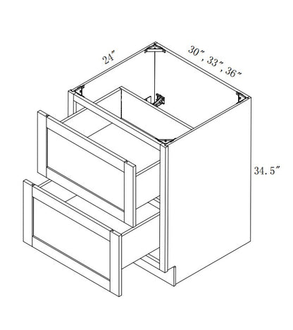 DB33-2: Oak Shaker 33"  2 Drawers   Standard Base Cabinet