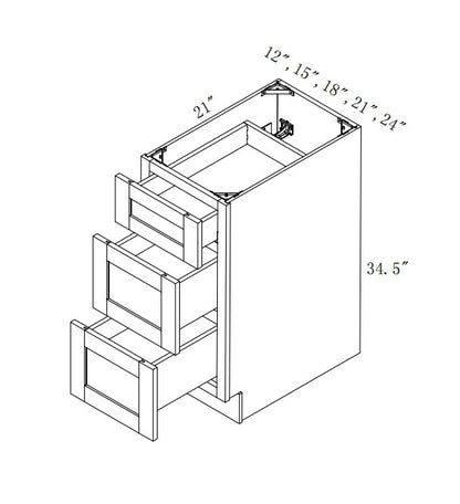VDB12-3: Oak Shaker 12"  3 Drawers   Vanity Drawer Base Cabinet