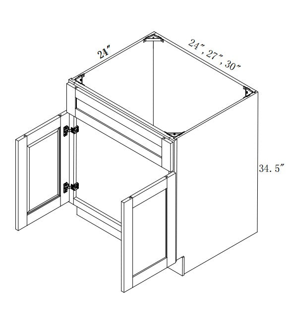 VSB27: Oak Shaker 27"  1 Header 2 Doors   Vanity Sink Base Cabinet