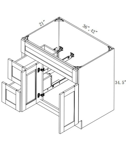 VSD42L: Oak Shaker Vanity Sink Drawer Left 42"W*21"D*34-1/2"H-2D-2DRA 1 Header