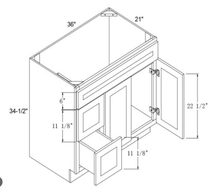 VSD36L: Vanity Sink Drawer Left 36"W*21"D*34-1/2"H-2D-2DRA 1 Header