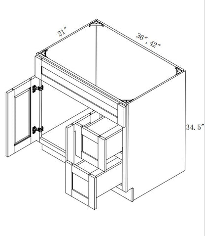 VSD42R: Oak Shaker Vanity Sink Drawer Right 42"W*21"D*34-1/2"H-2D-2DRA 1 Header
