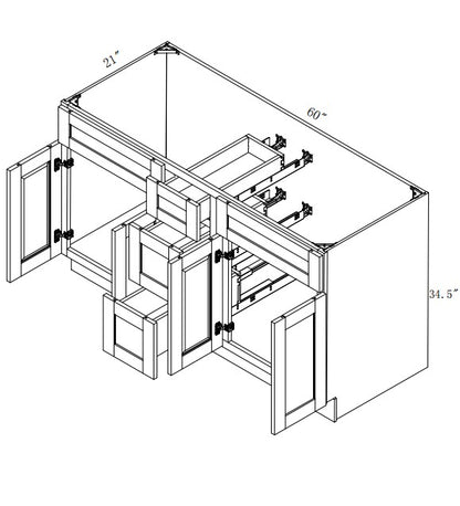 VSD60DD: Oak Shaker Vanity Side Drawer Base Cabinet Double Basin 60"W*34-1/2"H*21"D - 4D-3DRA