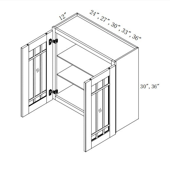 W3630/GD:  Oak Shaker Wall 36"W*30"H*12"D-2D-2S/ Glass Door