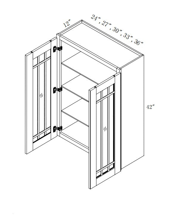 W3640/GD: Oak Shaker Wall 36"W*40"H*12"D-2D-3S/ Glass Door